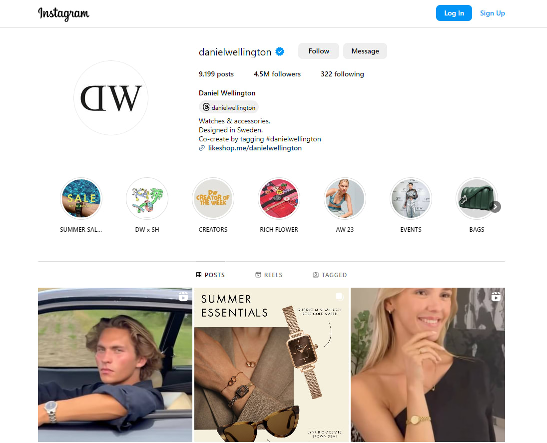 Daniel Wellington’s instagram feed showing paid posts