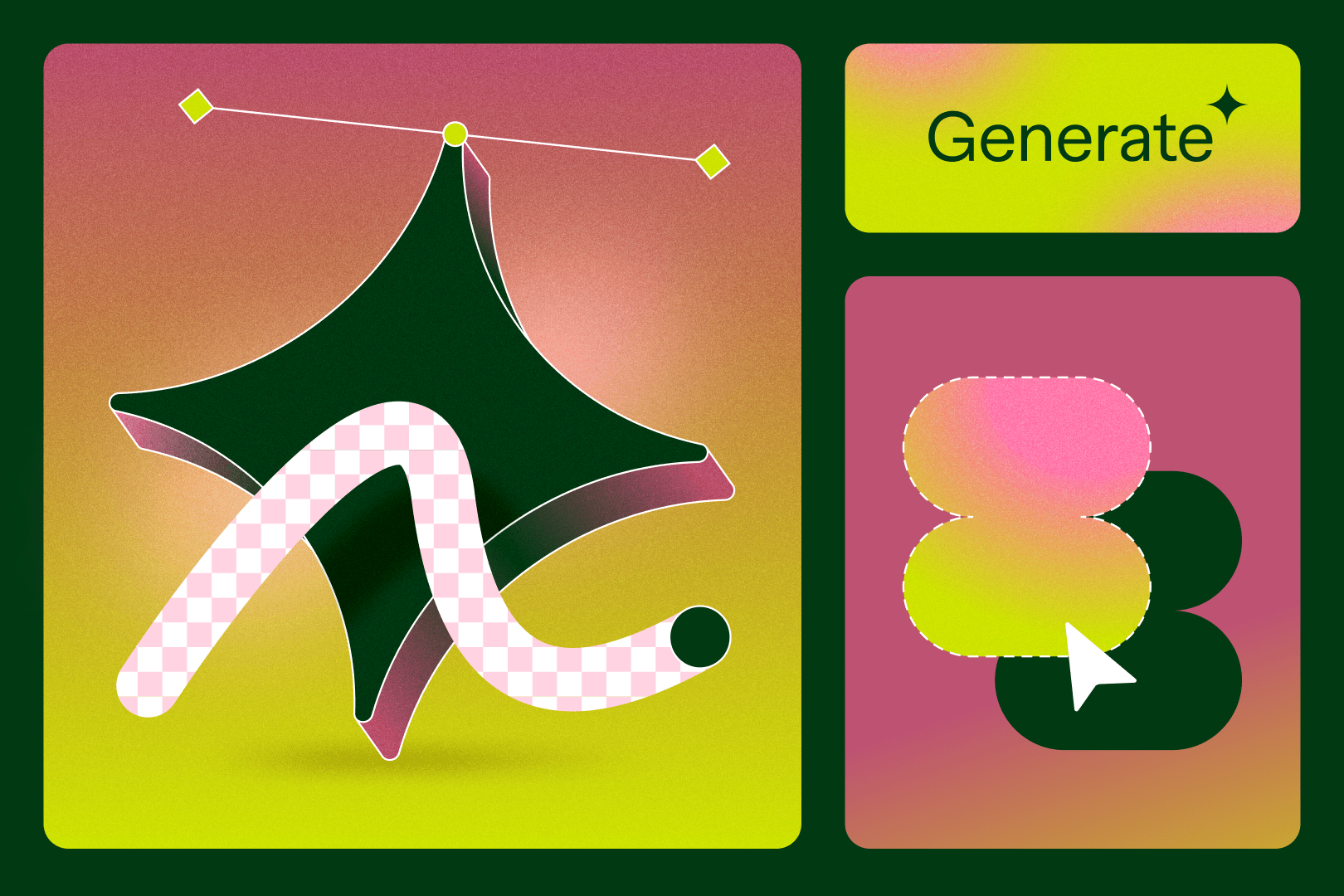Abstract digital design interface with gradient shapes, a Bézier curve, and a 'Generate' button.