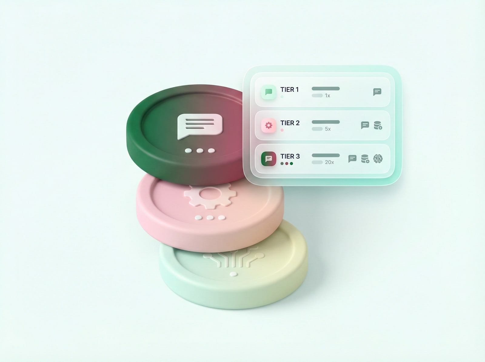 3D illustration of stacked coins with chat, settings, and integration icons alongside a tiered feature panel