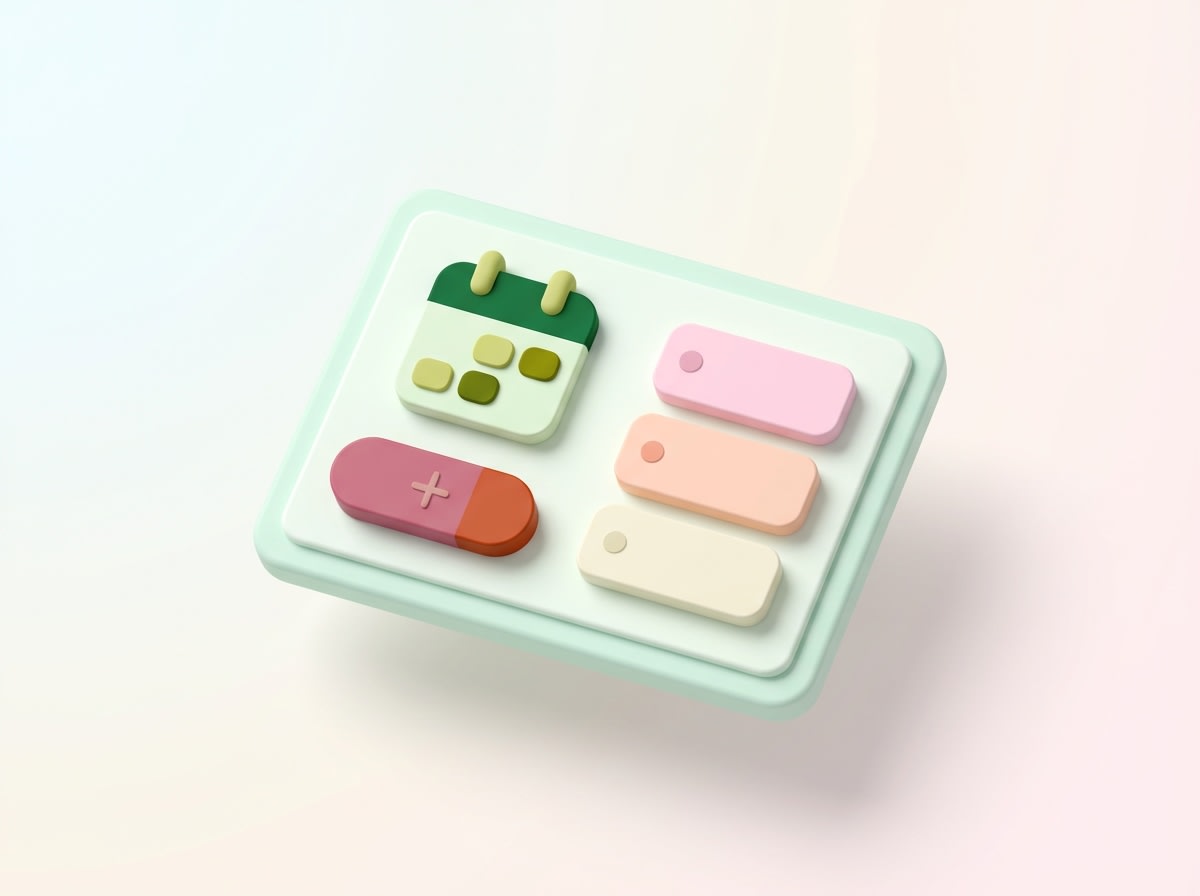 3D illustration of a task management board with a calendar icon, list cards, and a toggle-style button