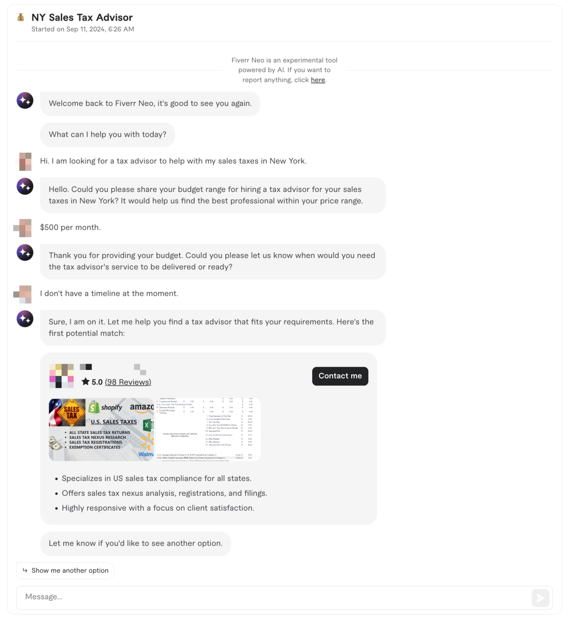 Chat with Fiverr Neo about hiring a tax advisor for New York sales taxes displaying a potential match