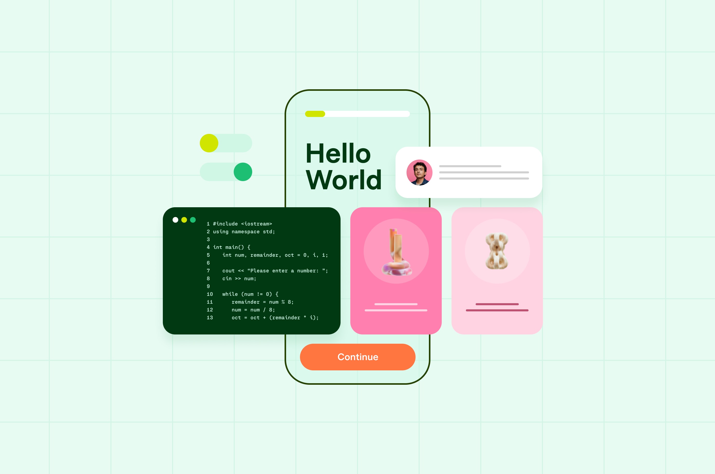 Mobile app interface with 'Hello World' greeting, code snippet, and product cards in a minimal design layout Mobile app interface with 'Hello World' greeting, code snippet, and product cards in a minimal design layout