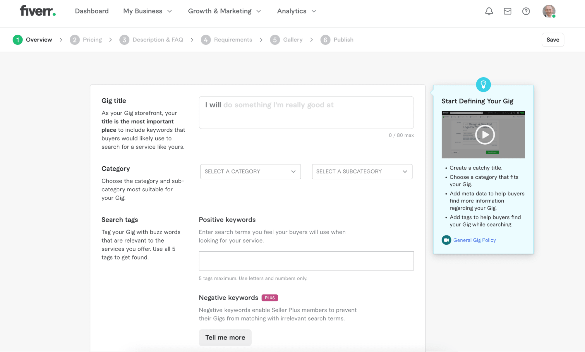 Fiverr gig creation page