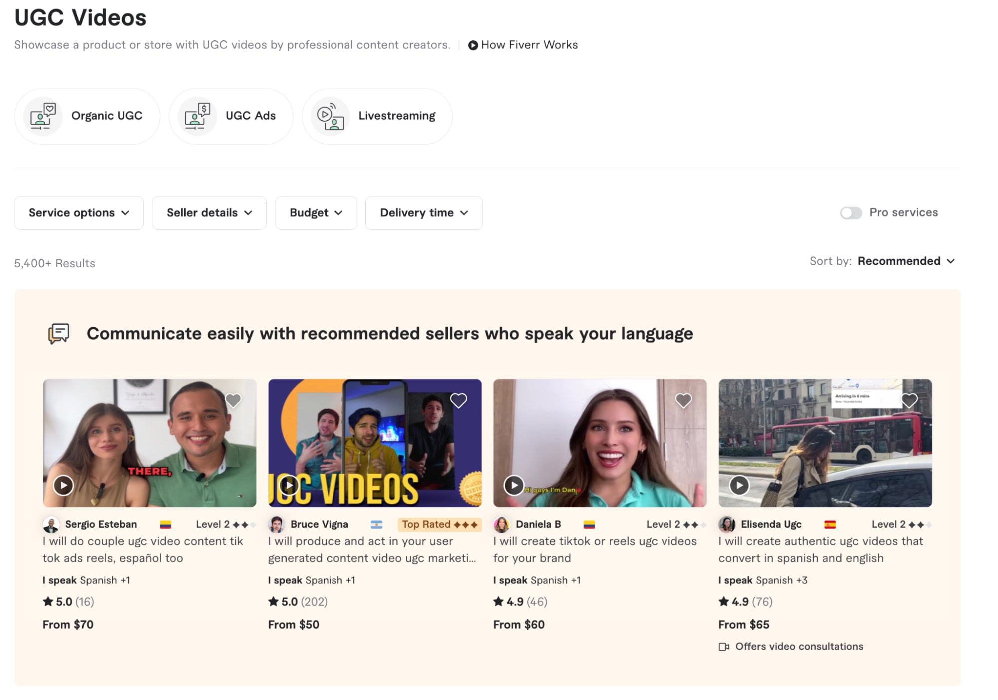 Fiverr's UGC Videos page