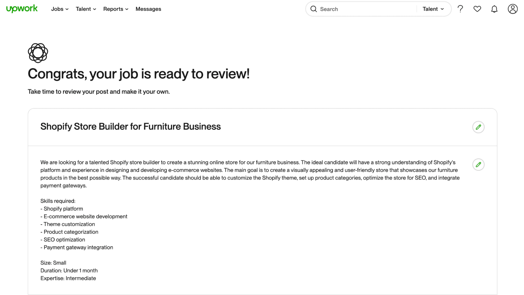 Job posting review on Upwork for a Shopify Store Builder