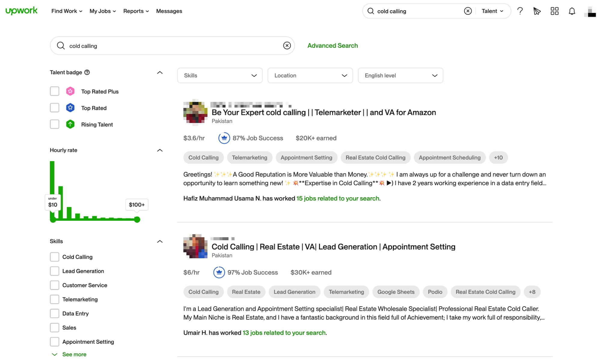 Upwork search results for "cold calling"