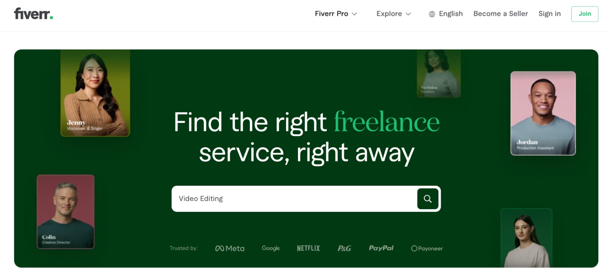 Fiverr homepage showcasing freelancers and a search bar to find freelance services.
