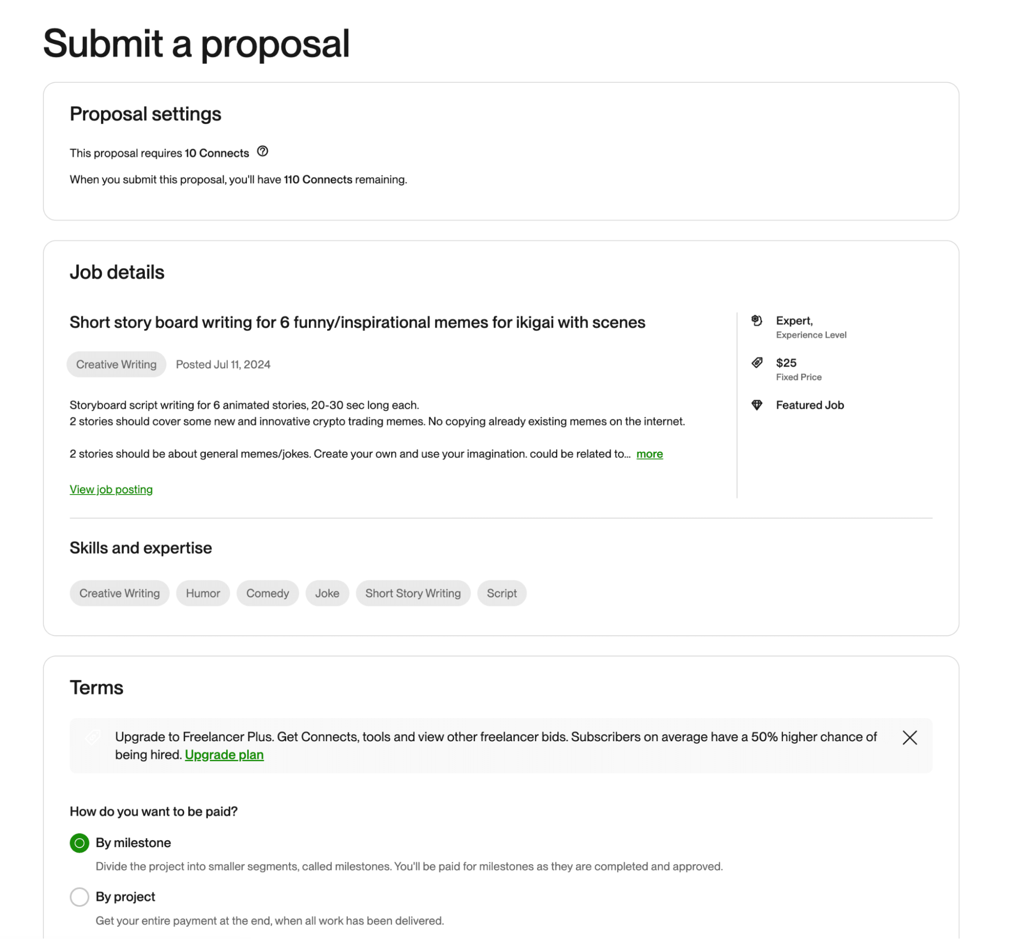 Upwork job application page