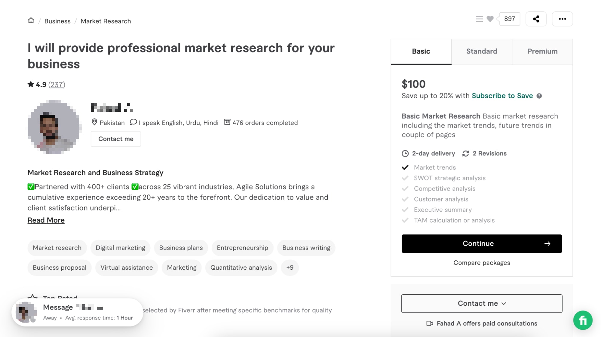 Freelancer profile offering professional market research services
