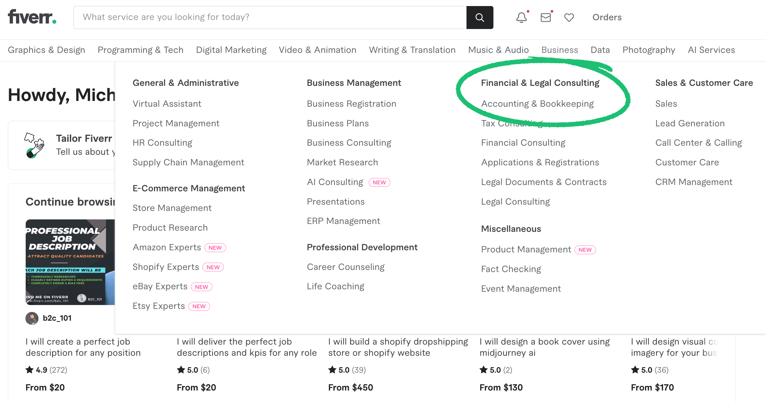 Image of options under Fiverr’s “Business” category