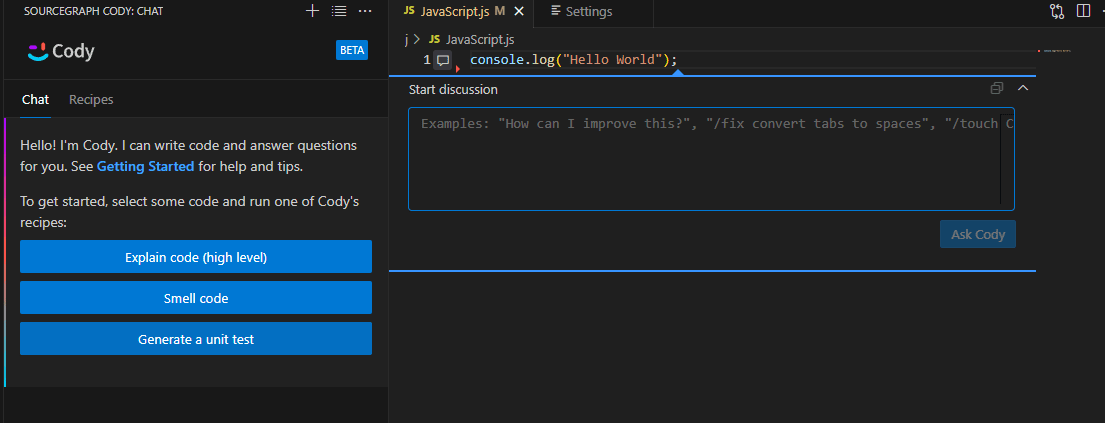 Cody integrates deeply with VS code