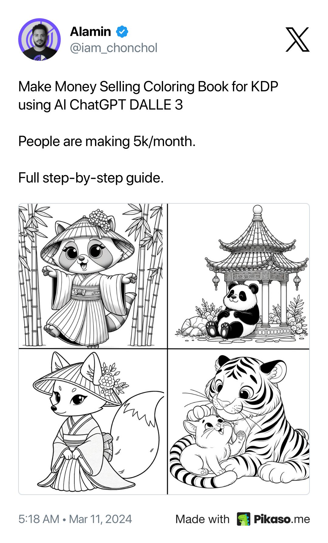 A tweet from Alamin about making money with AI coloring books, featuring four cute animal designs.