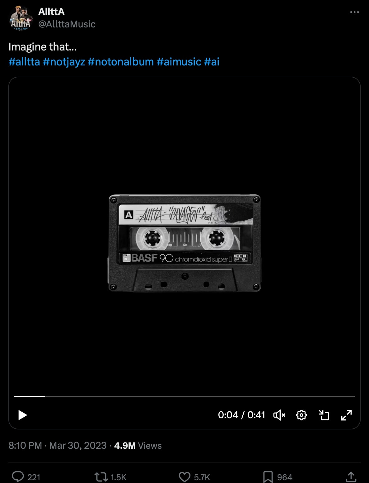 AllttA tweet with a black background, displaying a labeled cassette tape and referencing AI music hashtags.