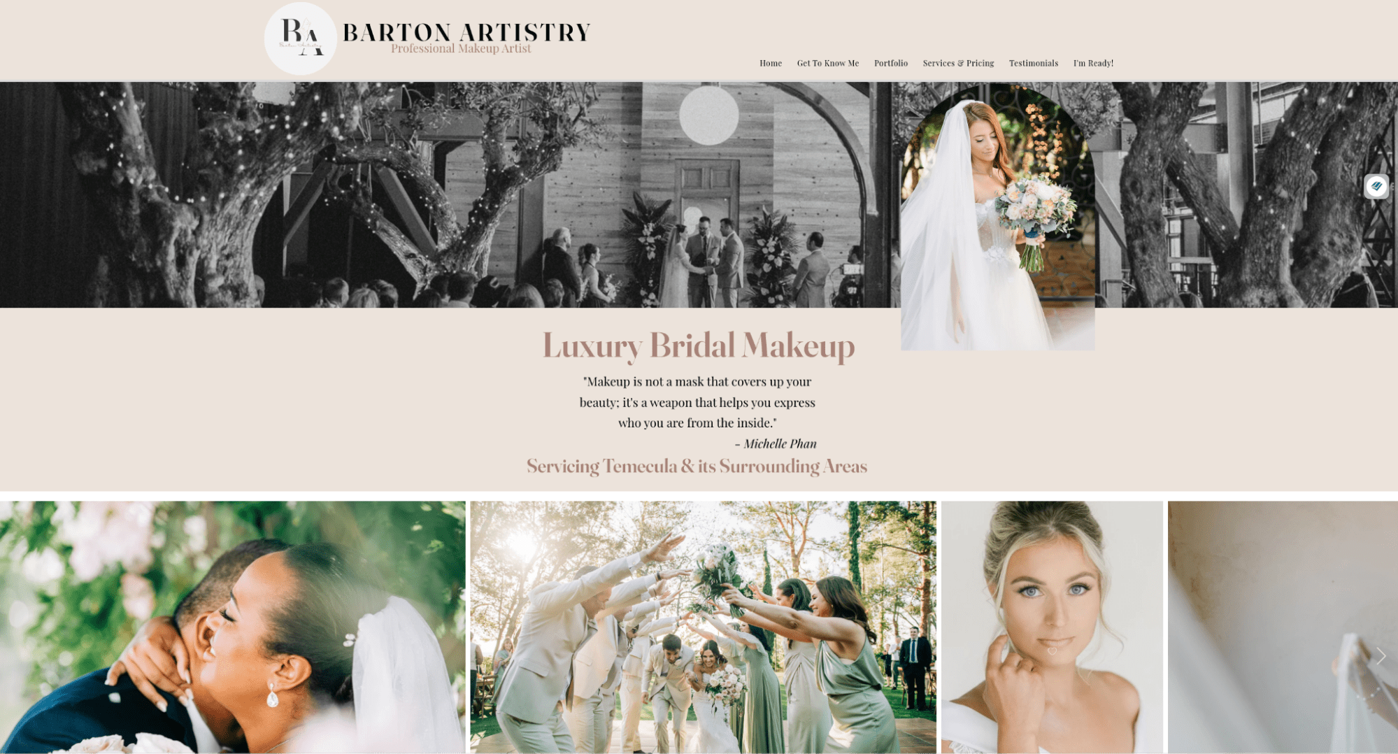 Barton Artistry bridal makeup site showing a bride in veil, wedding scenes, and smiling couples.