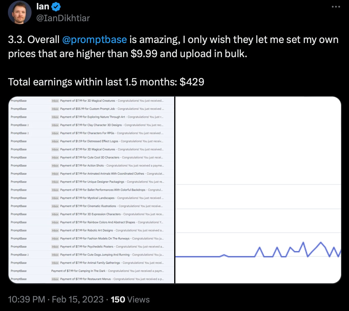 A tweet from Ian about $429 in PromptBase earnings, displaying a payment list and a small earnings chart.
