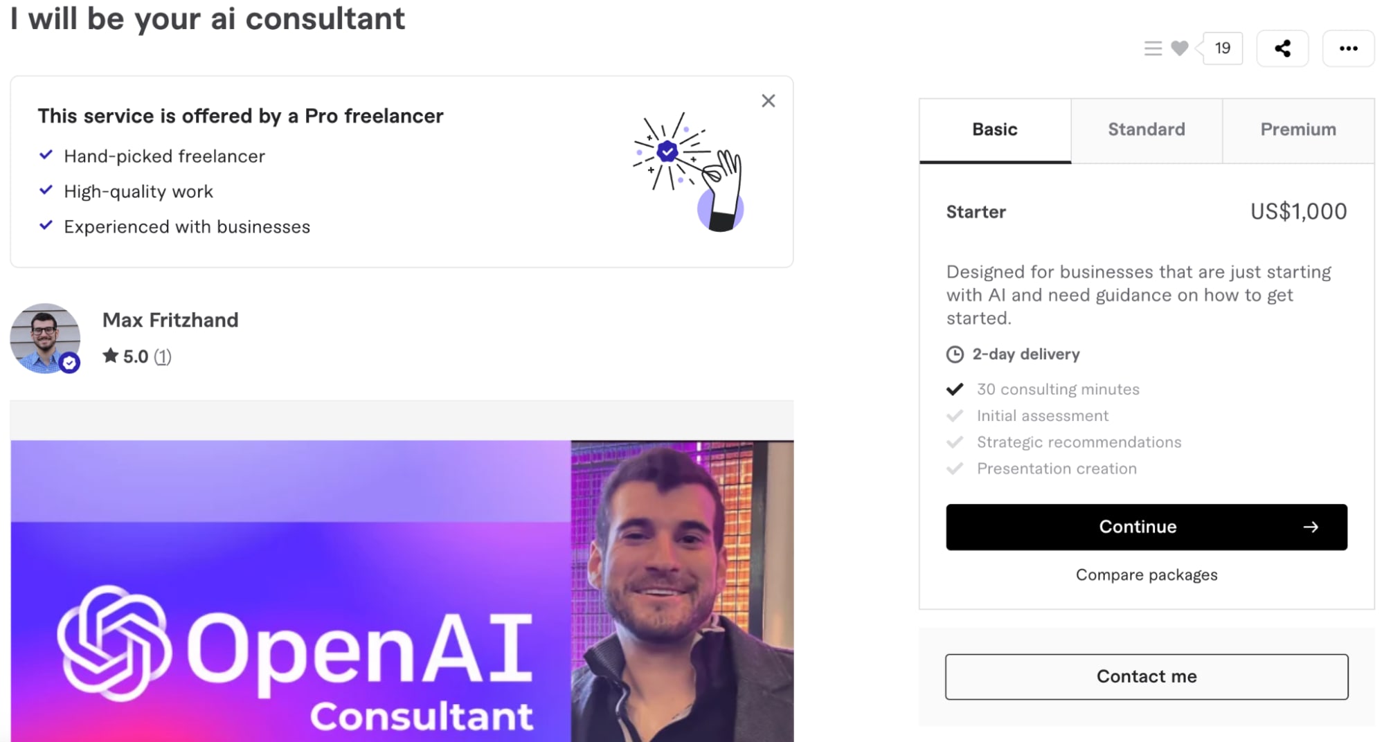 Fiverr AI consultant gig showing a smiling man, a 5-star rating, and a $1k Starter package option.