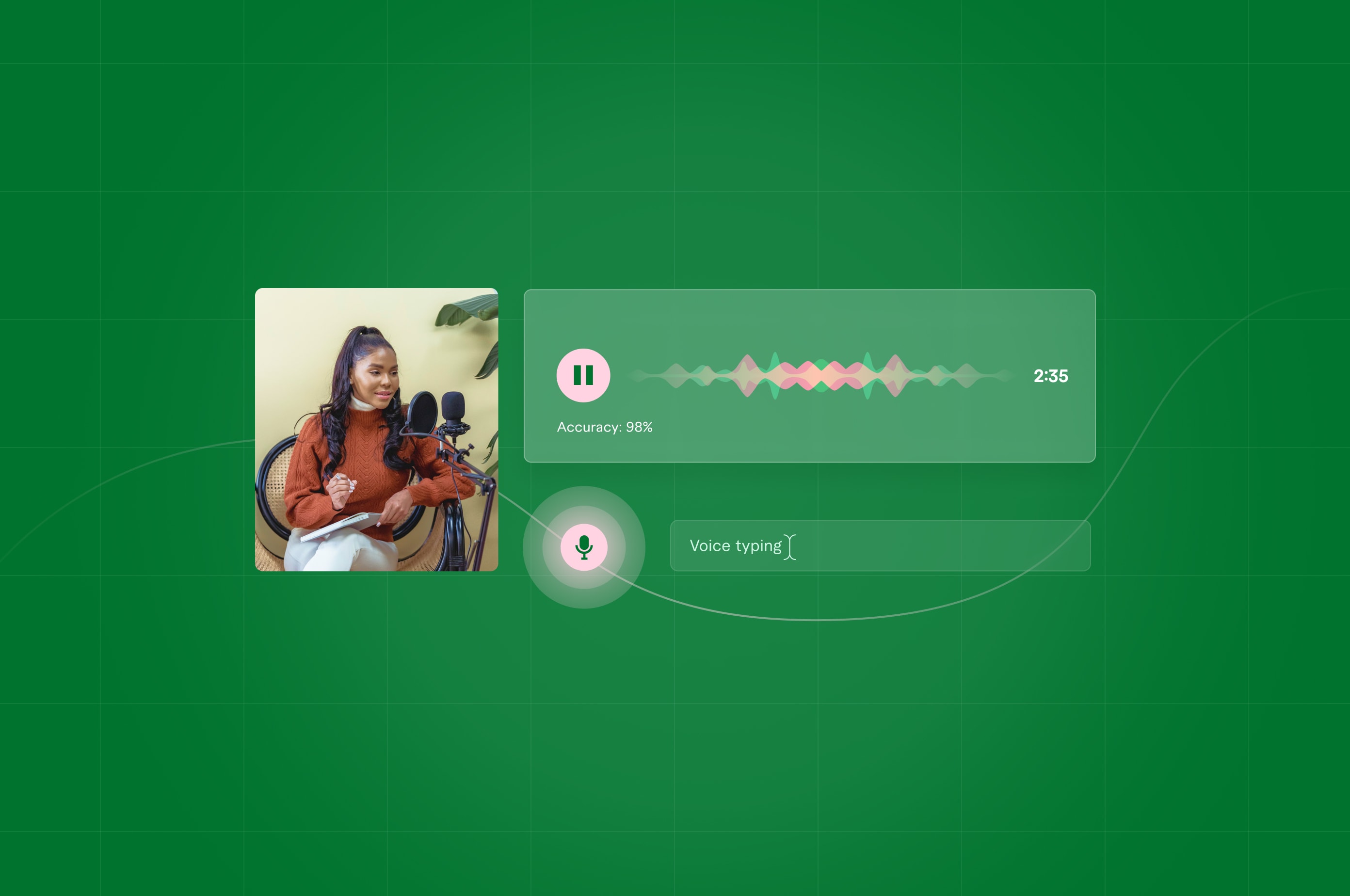 Voice recording and transcription interface showing a person speaking into a microphone, waveforms, and accuracy indicator on a green background.
