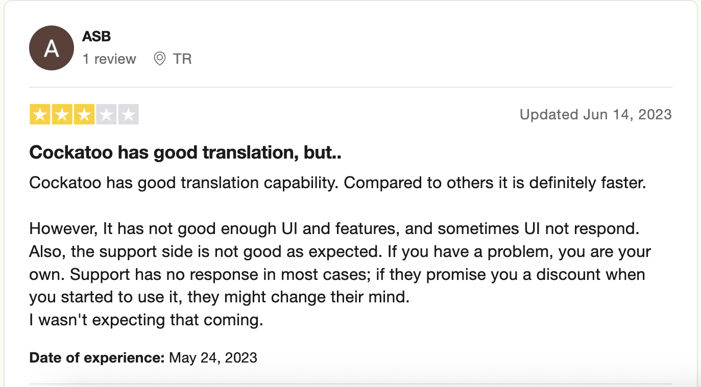 Cockatoo user review on Trustpilot