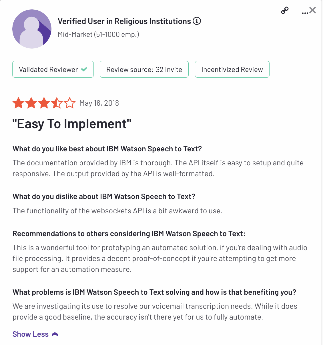 Review of IBM Watson by a user on G2.com