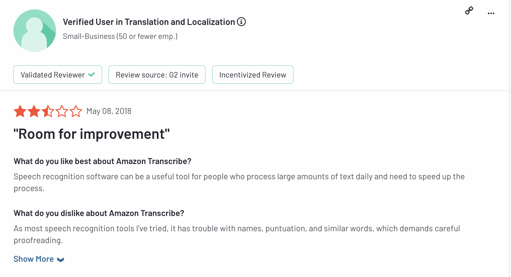 User review of Transcribe on G2.com