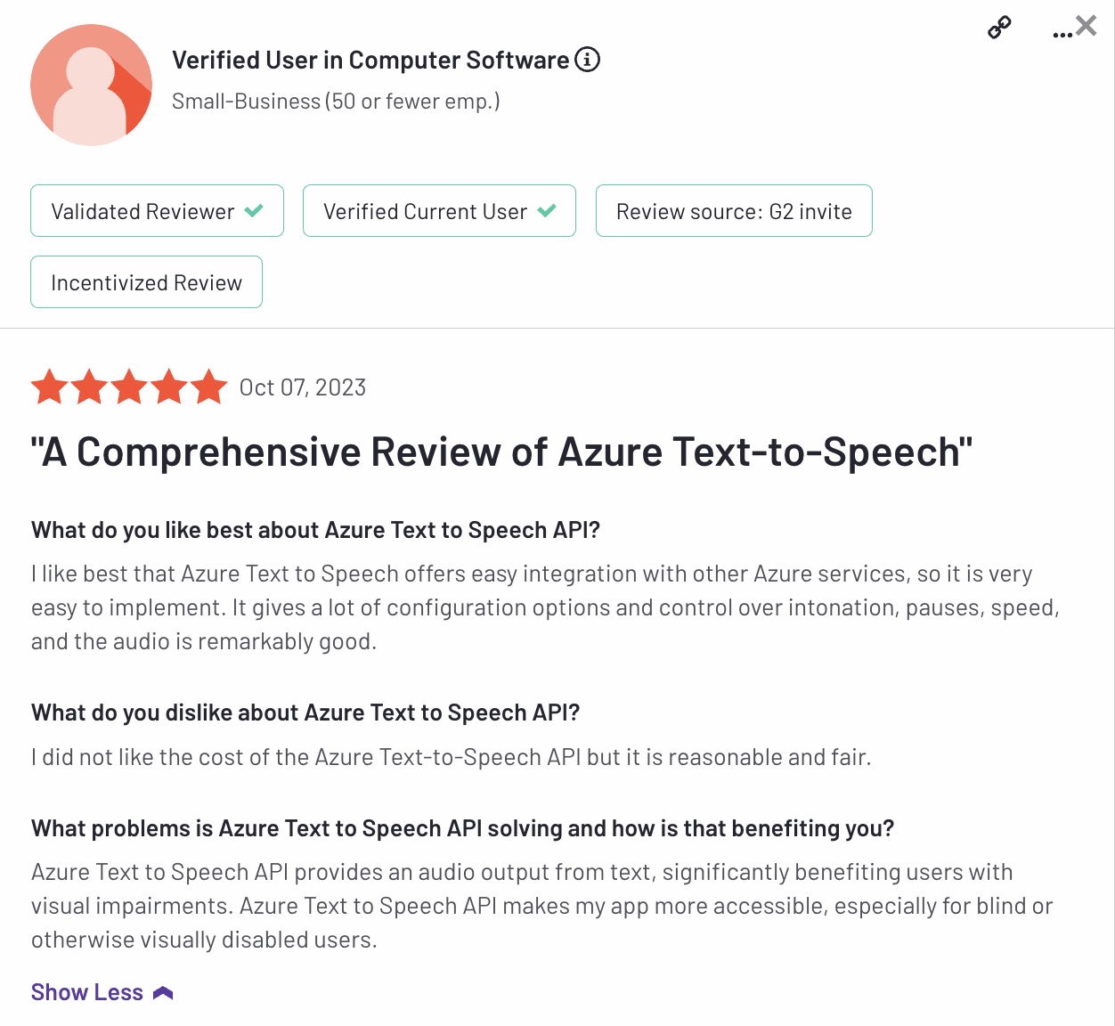 User review of Azure AI on G2.com