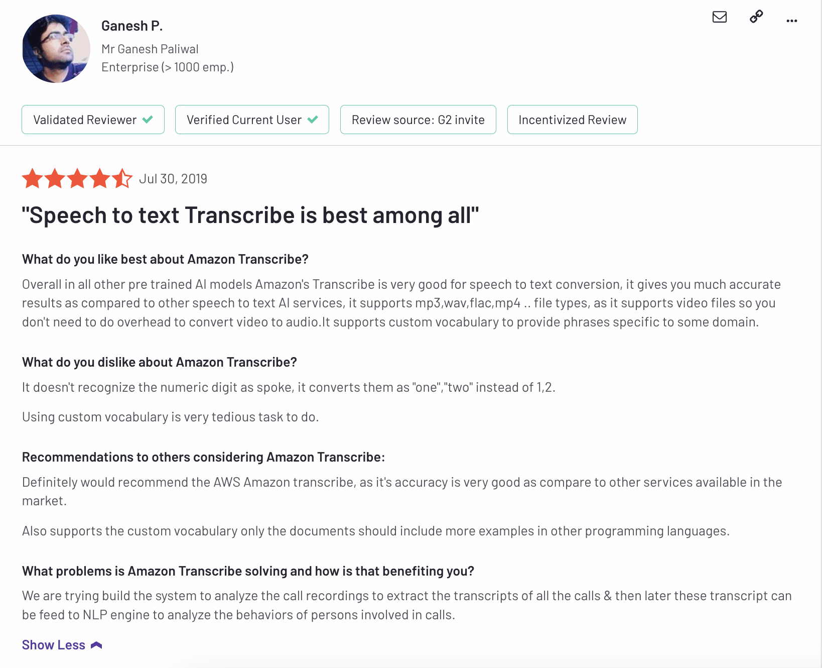 User review of Transcribe on G2.com