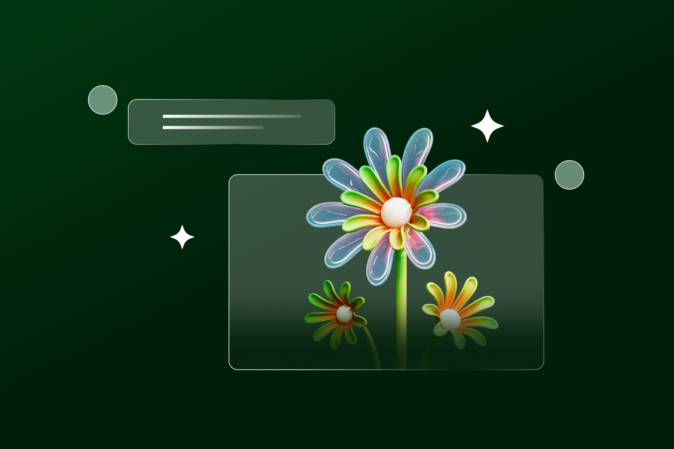 Illustration of colorful glossy flowers on a dark green background with soft interface elements