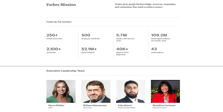 Forbes’ company information, mission statement, and executive leadership