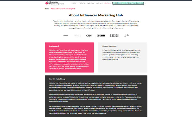 Influencer Marketing Hub’s About page
