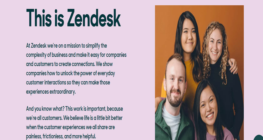 Zendesk’s mission statement and team photograph