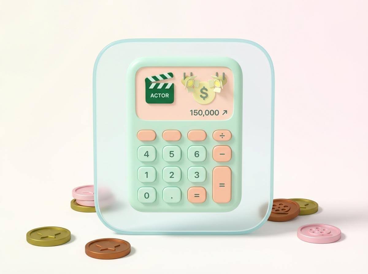 3D calculator displaying actor costs, surrounded by coins