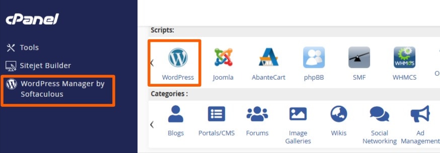 Control panel showing how to add WordPress at a hosting provider.