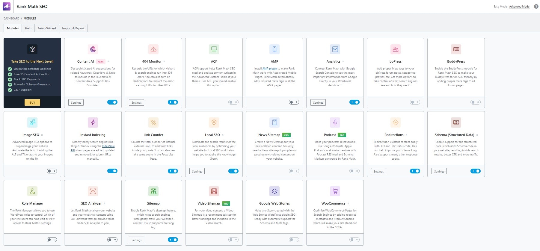 Rank Math SEO features and tools inside the WordPress dashboard.