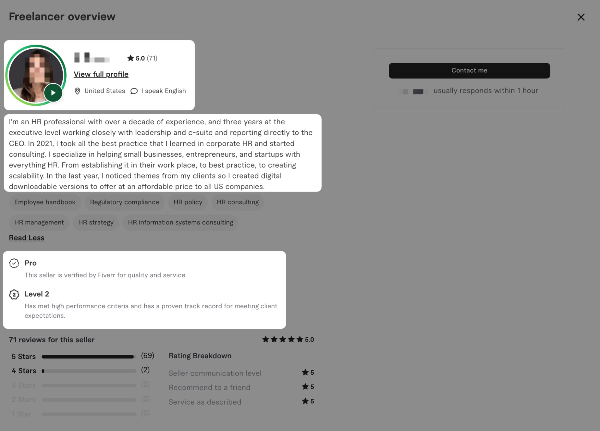 Fiverr seller profile showing professional HR and recruiting expertise