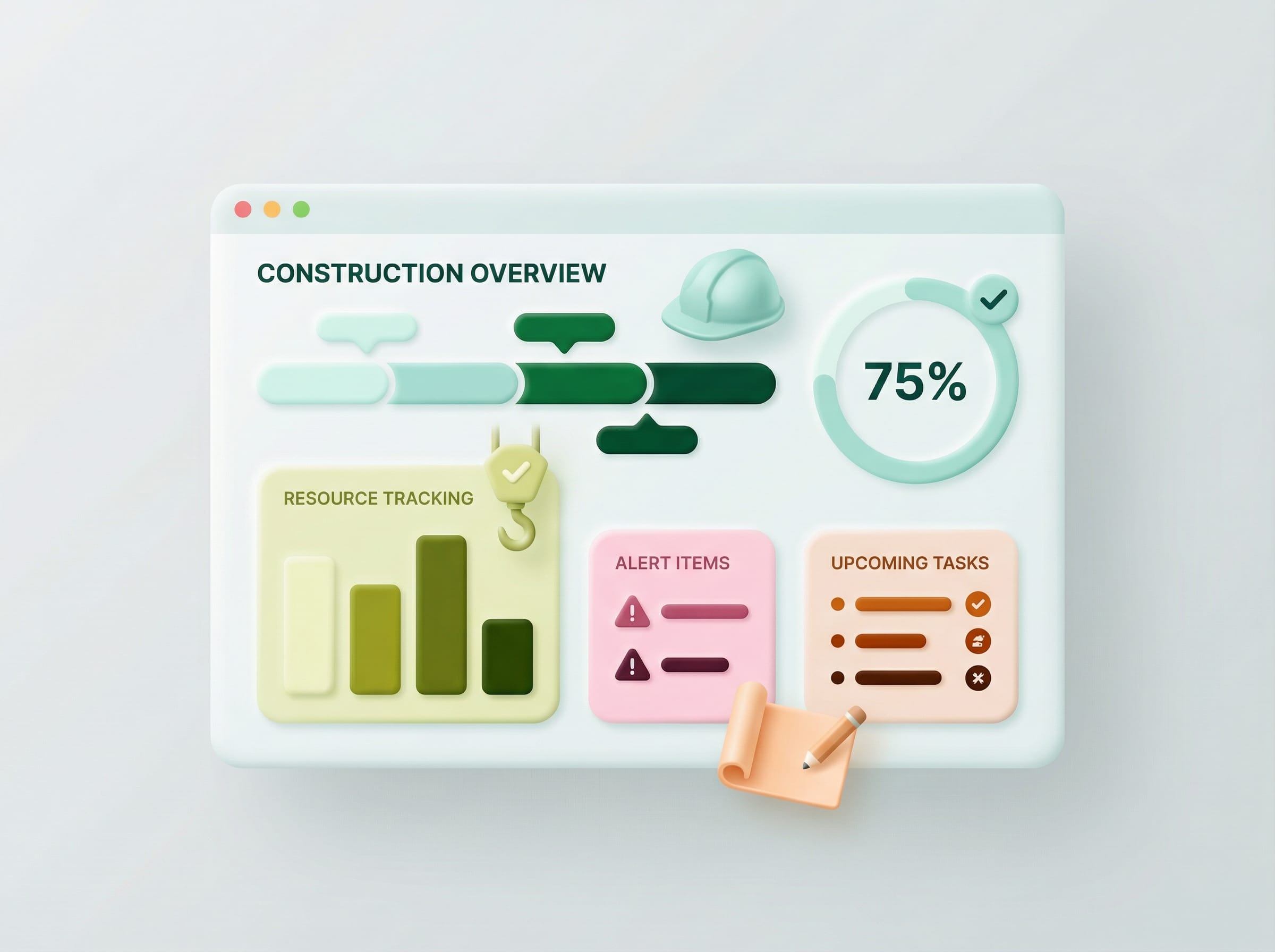 3D illustration of a construction overview dashboard with progress bars, resource chart, alerts, and task list