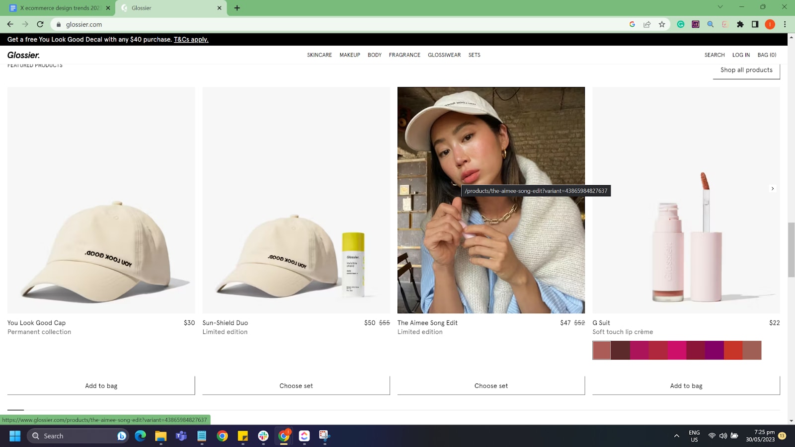 Screenshot of Glossier product page hovering over product