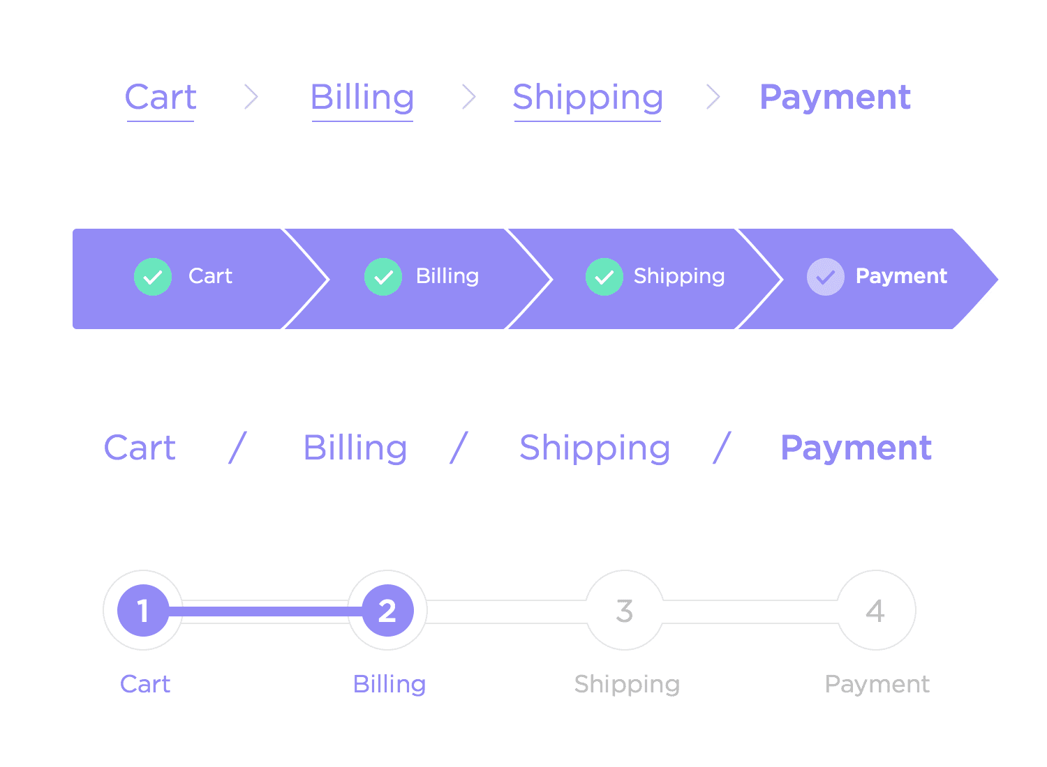 Multiple 'cart, billing, shipping, payment' website navigation designs