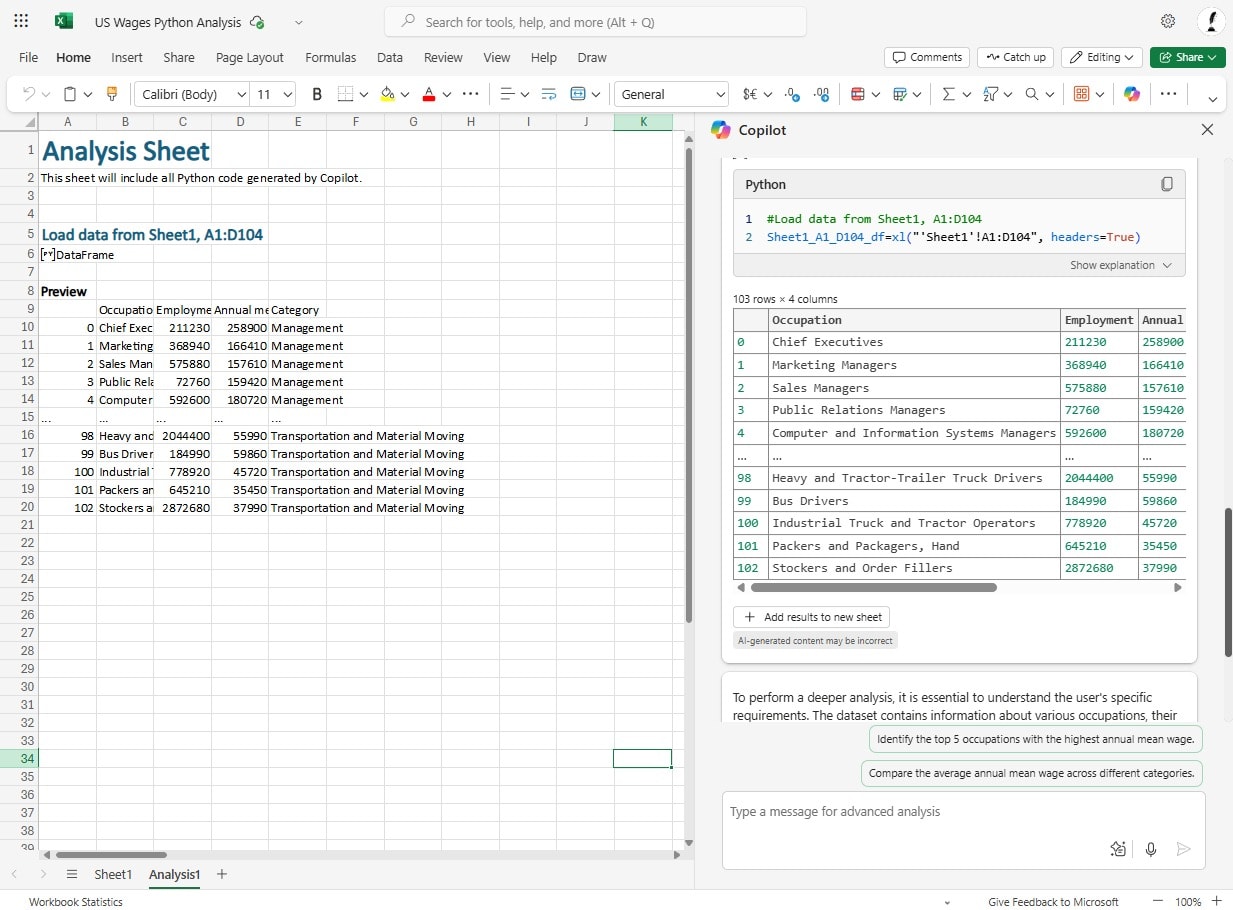 Copilot analysis inside Excel