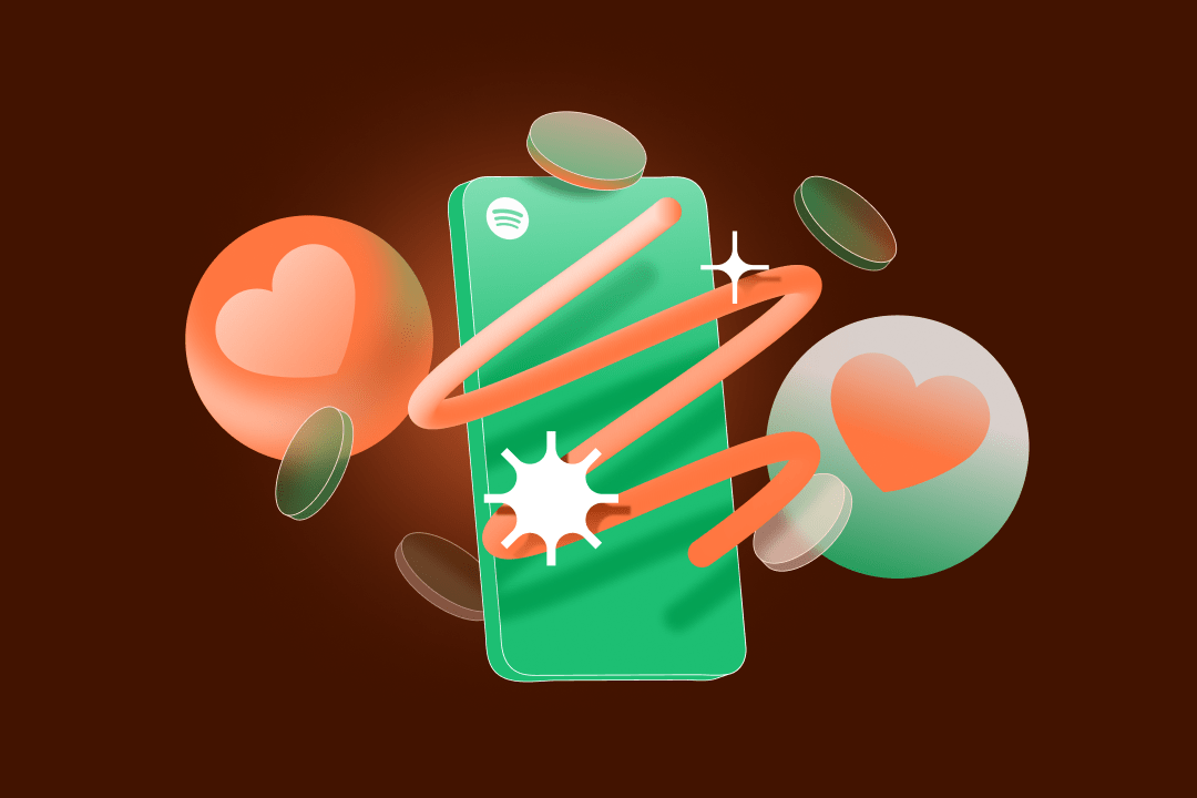 Green smartphone with abstract 3D elements, hearts, and glowing effects.