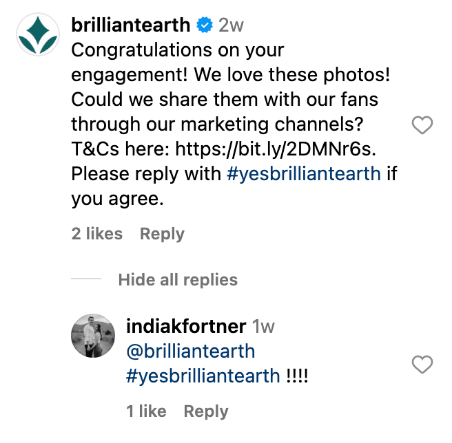 Brilliant Earth asks for permission to use UGC