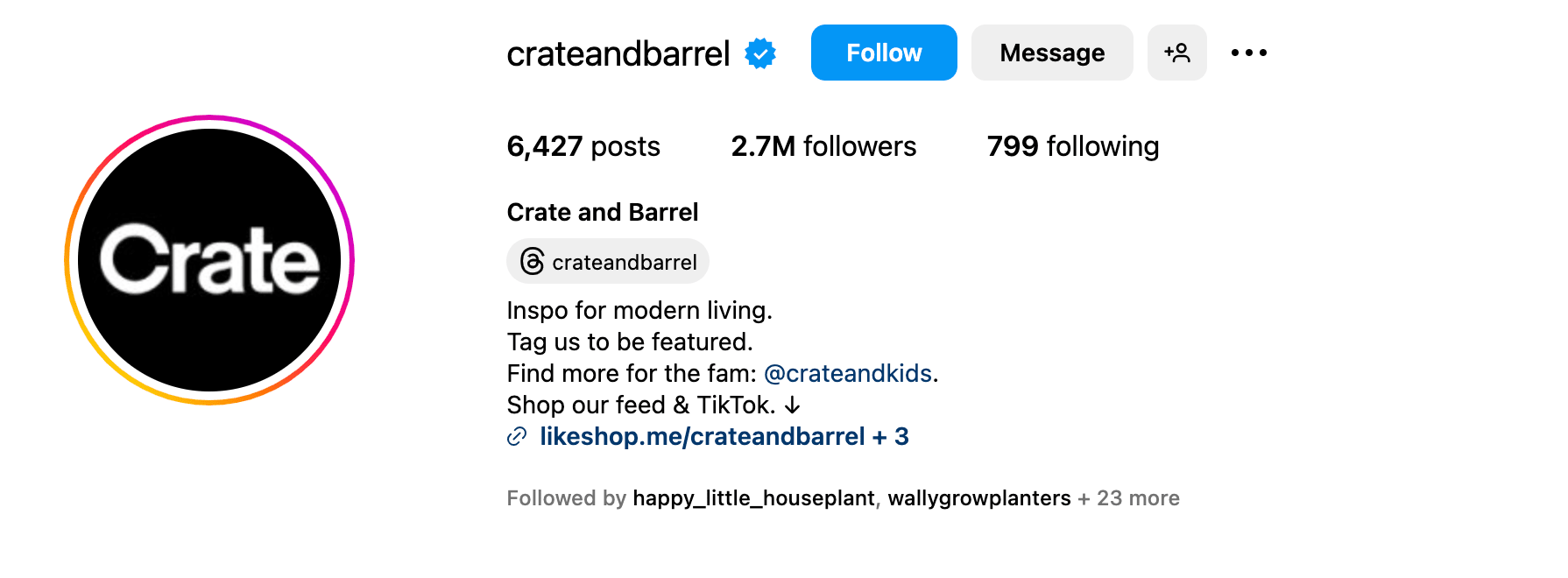 Crate and Barrel’s “tag us to be featured” line in Instagram