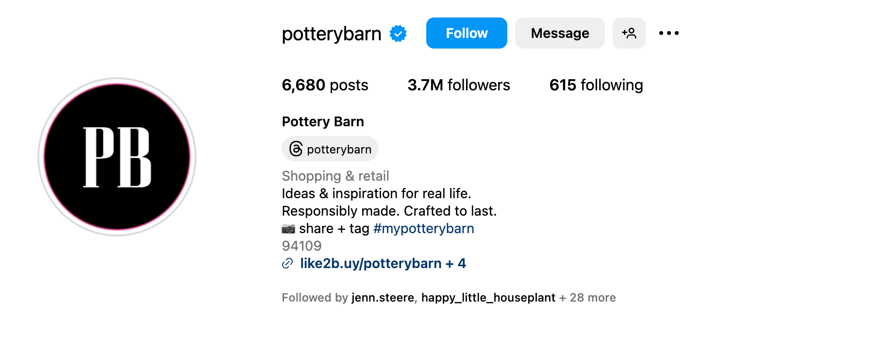 Pottery Barn branded hashtag