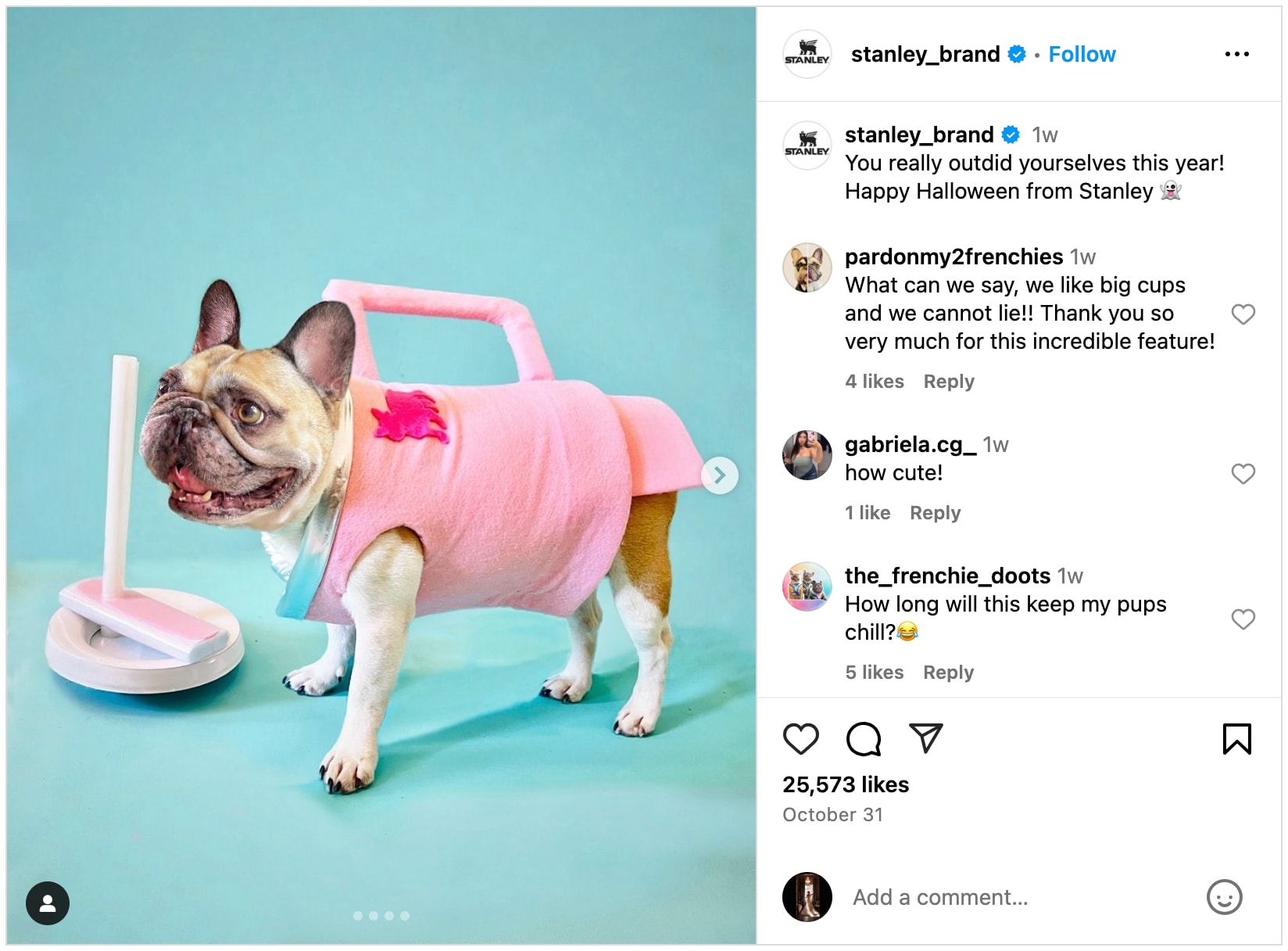Stanley shows off UGC of dog in costume on Instagram