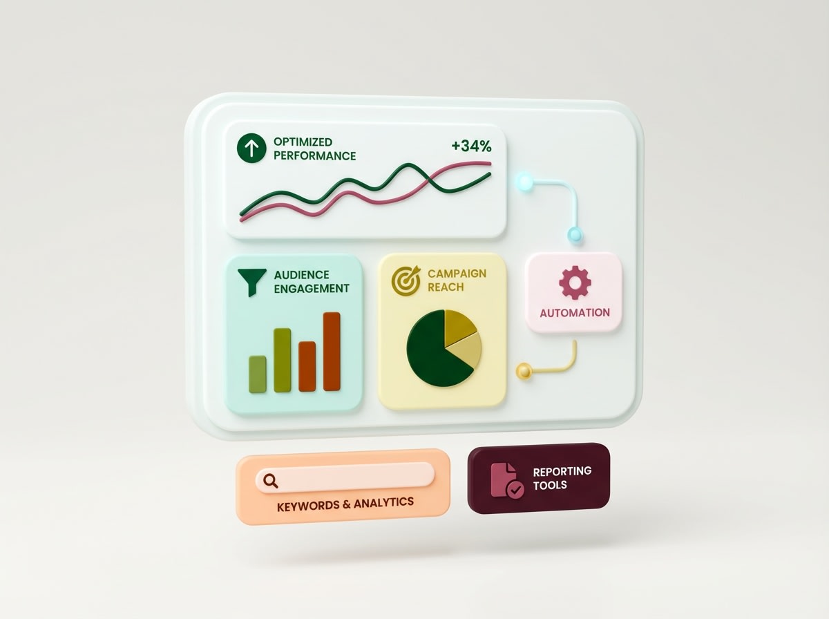 3D marketing dashboard with performance charts, campaign reach, automation, and analytics tools