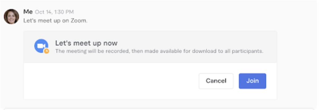 A message with prompt to start Zoom call within Fiverr