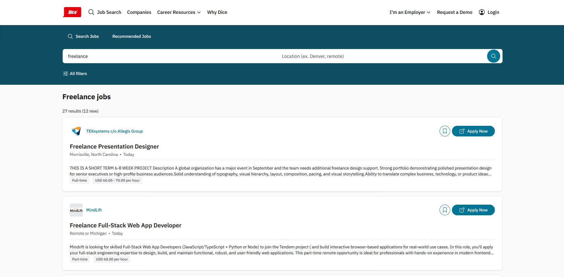 Dice's landing page