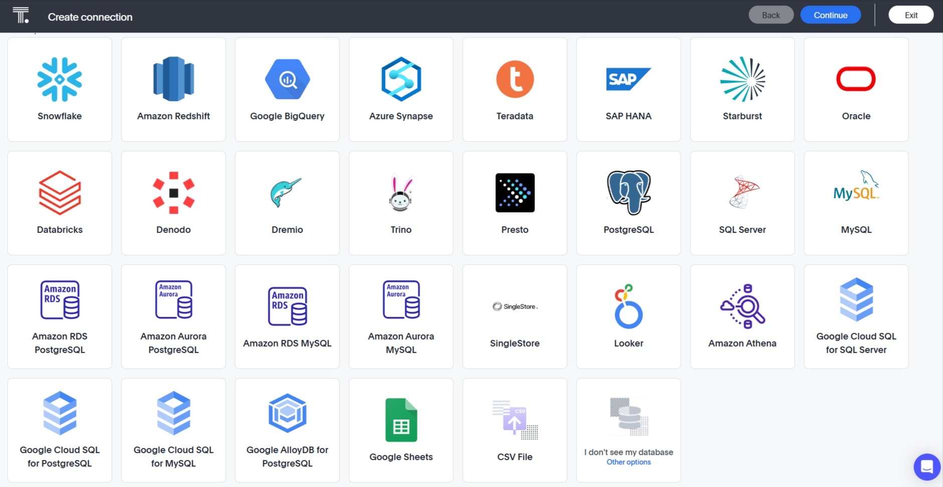 ThoughtSpot data connection possibilities, showing all the major providers.