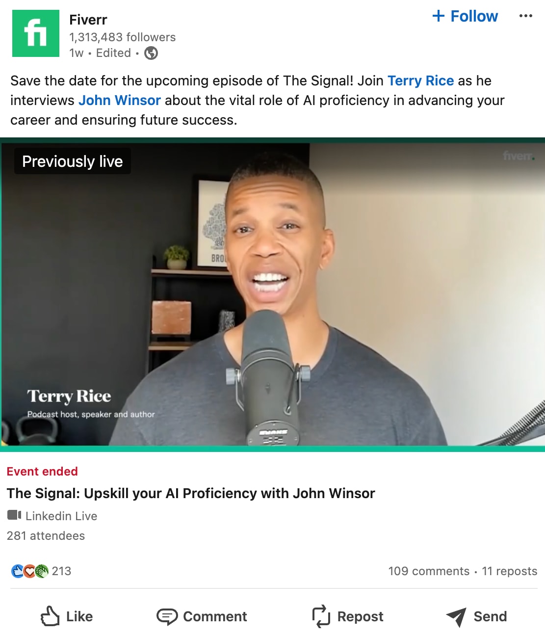 An example of what a social media post is from Fiverr’s LinkedIn profile
