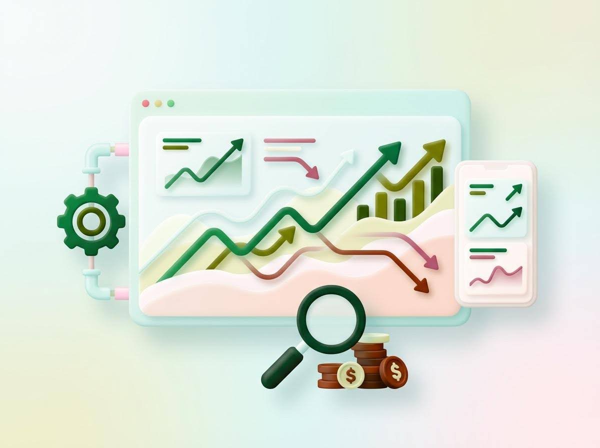 3D illustration of an analytics dashboard with growth charts, performance metrics, and revenue tracking elements