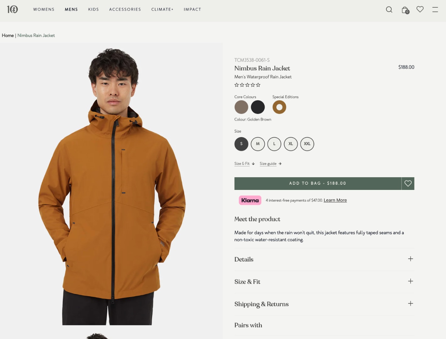 Tentree’s product page for Nimbus Rain Jacket showing colors, price, and size.